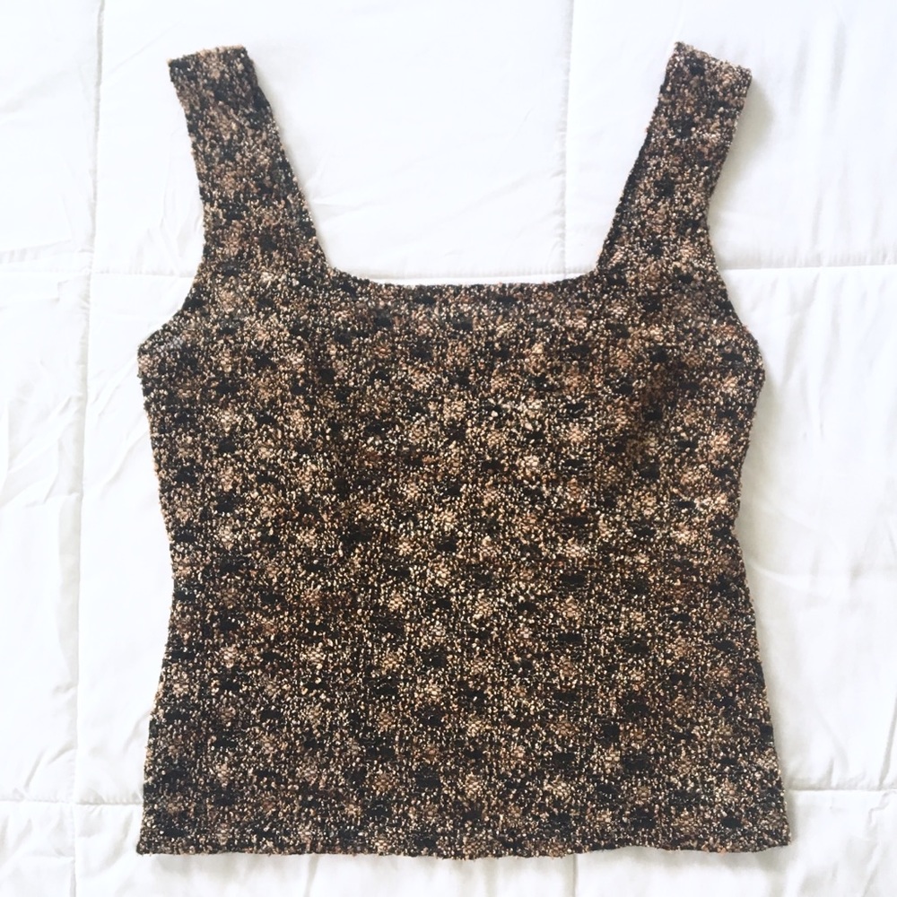 90s Brown Shiney Knit Lace Crop Top Tank